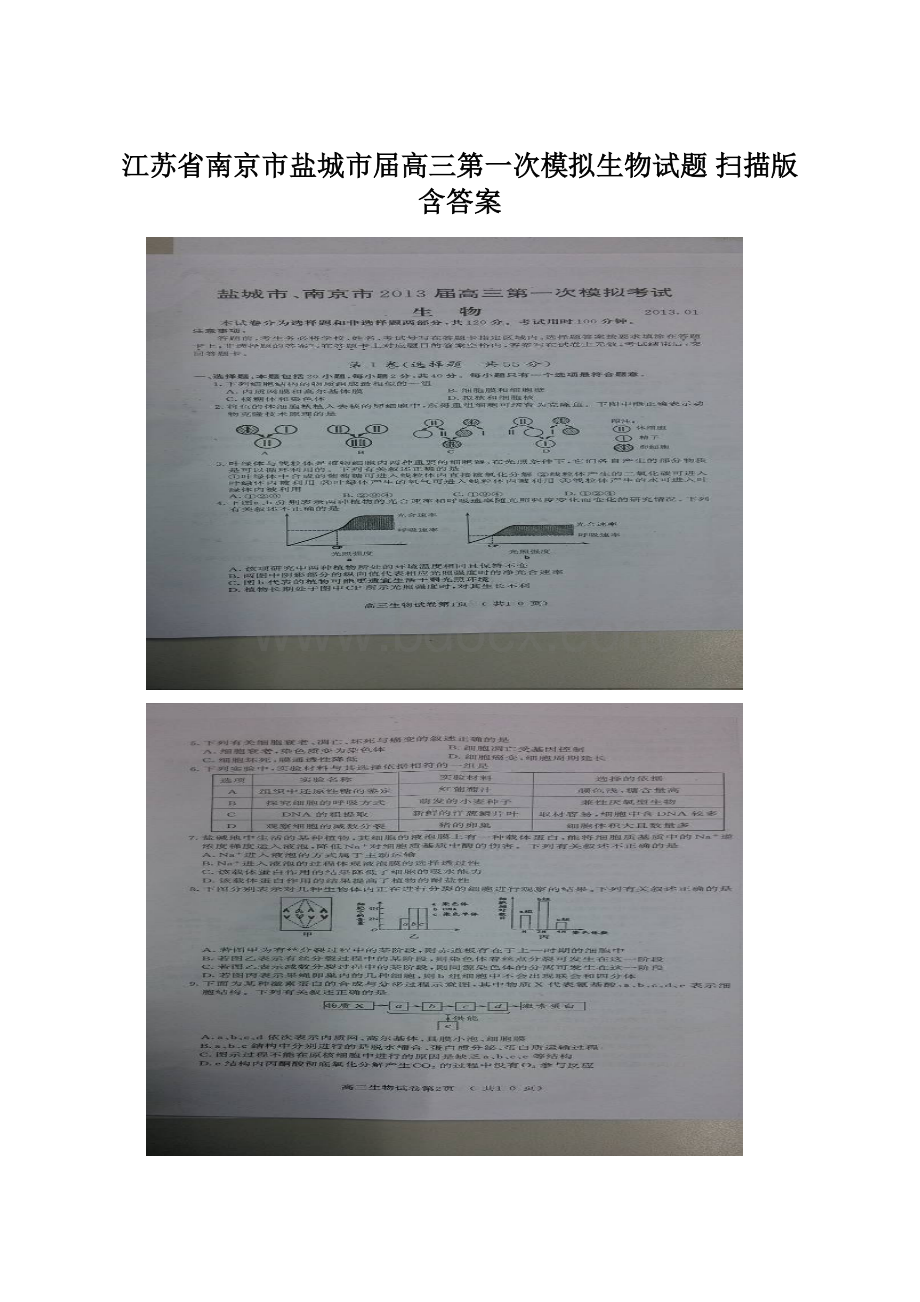 江苏省南京市盐城市届高三第一次模拟生物试题 扫描版含答案Word格式文档下载.docx_第1页