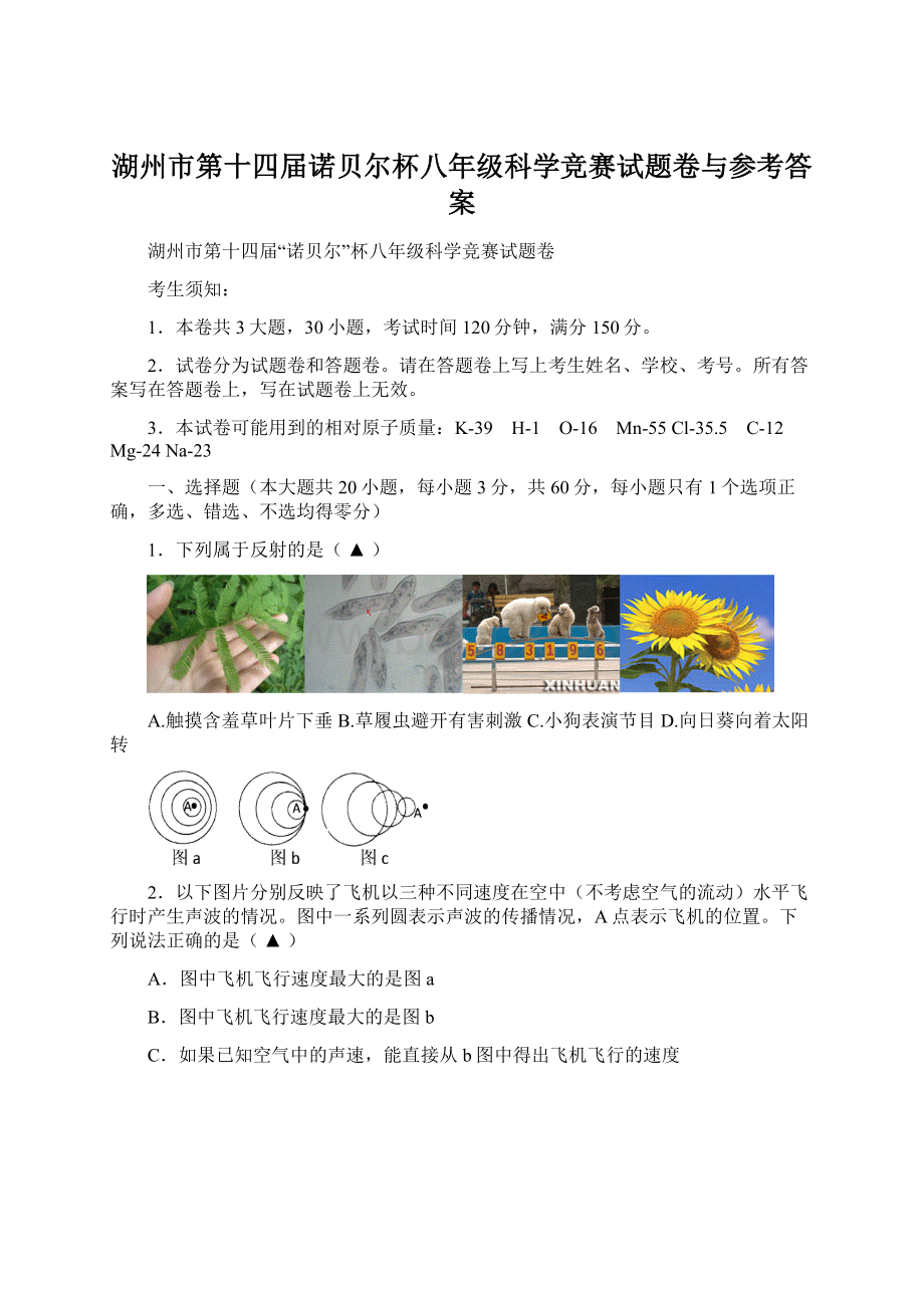 湖州市第十四届诺贝尔杯八年级科学竞赛试题卷与参考答案.docx_第1页