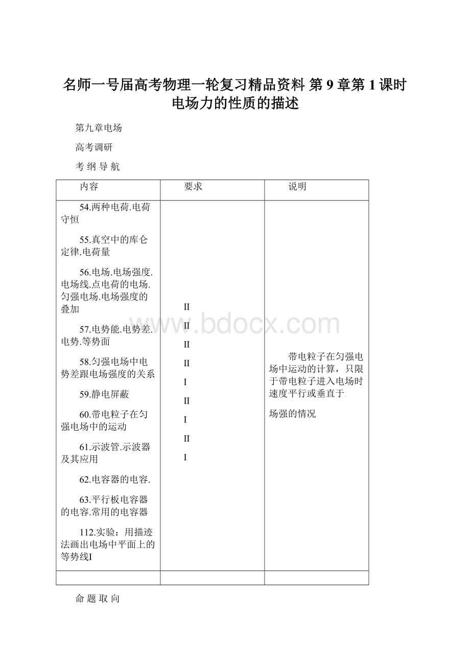 名师一号届高考物理一轮复习精品资料 第9章第1课时电场力的性质的描述Word文件下载.docx