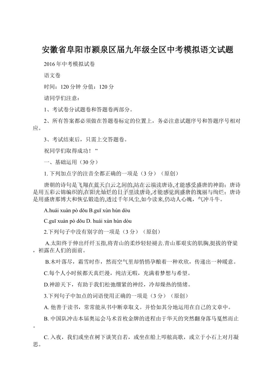 安徽省阜阳市颍泉区届九年级全区中考模拟语文试题文档格式.docx