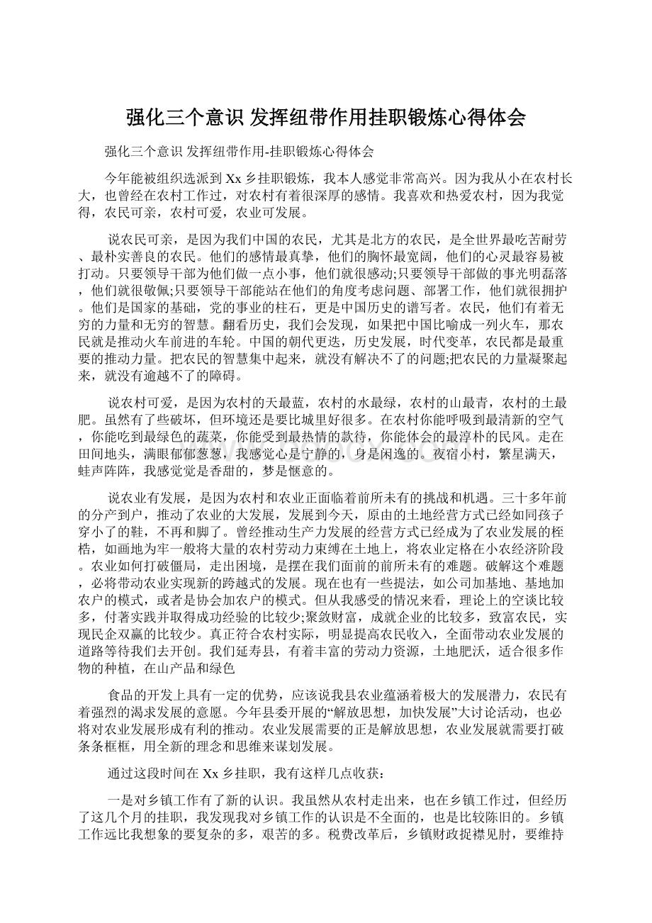 强化三个意识 发挥纽带作用挂职锻炼心得体会Word文档格式.docx_第1页