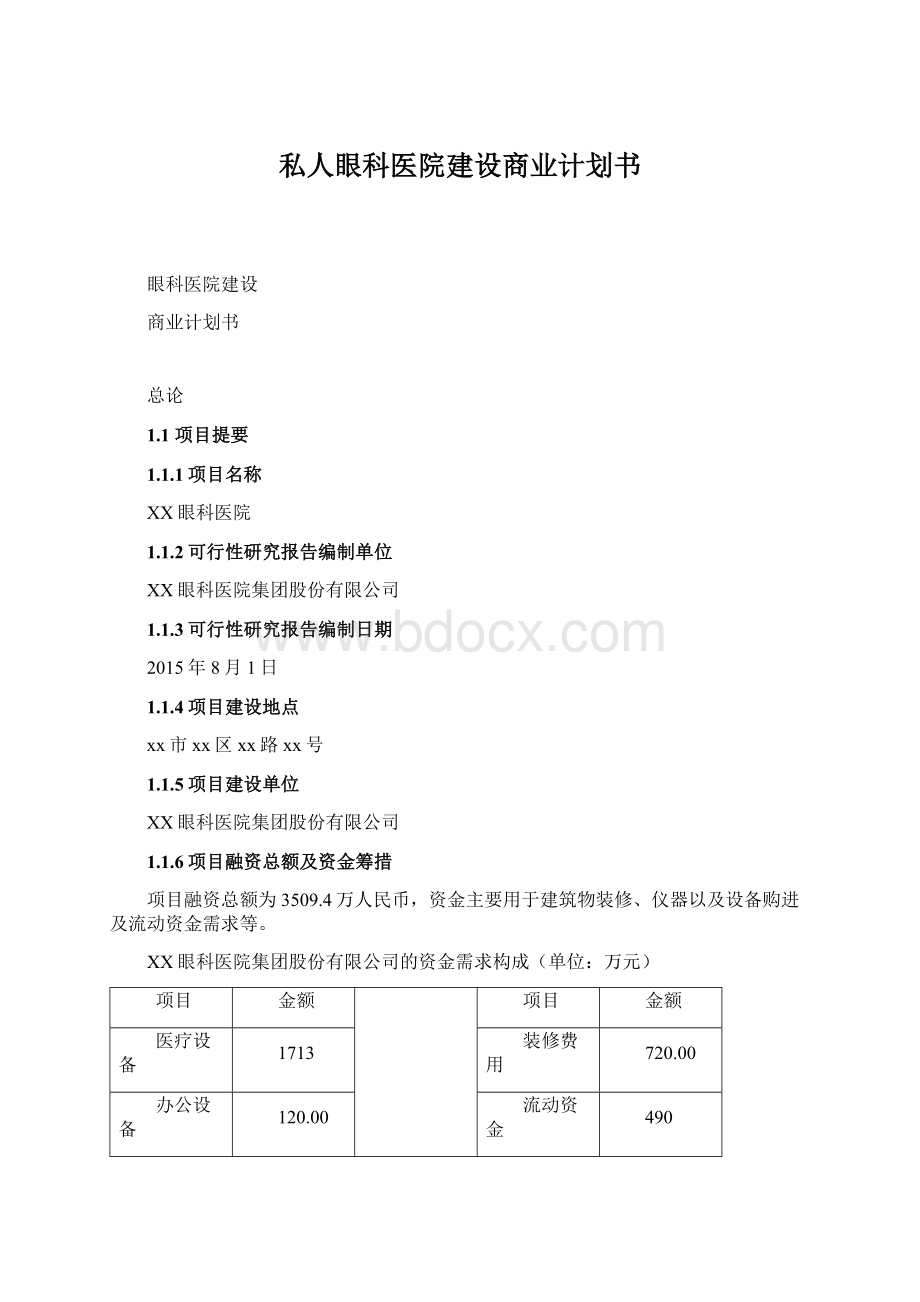 私人眼科医院建设商业计划书Word文件下载.docx