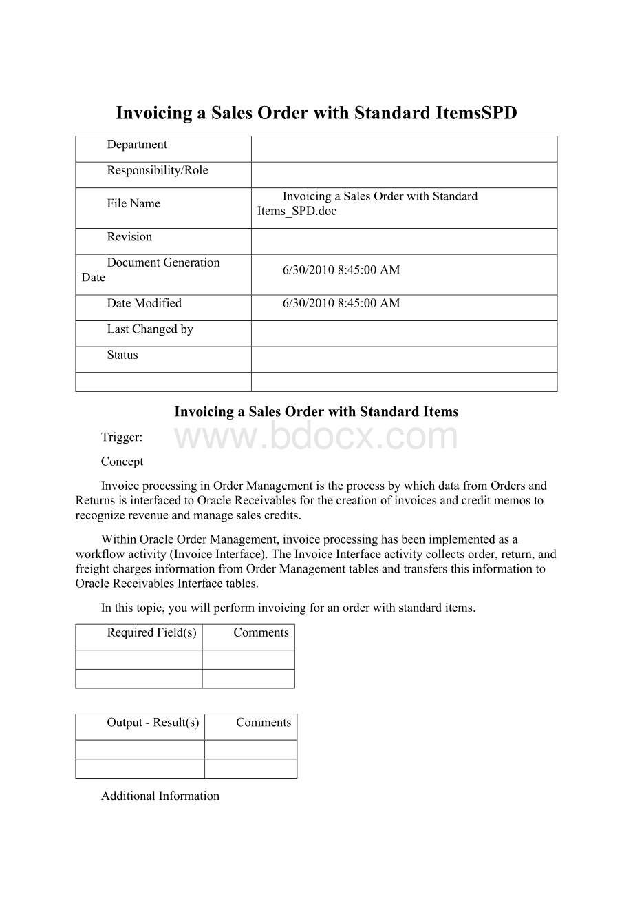 Invoicing a Sales Order with Standard ItemsSPDWord格式文档下载.docx