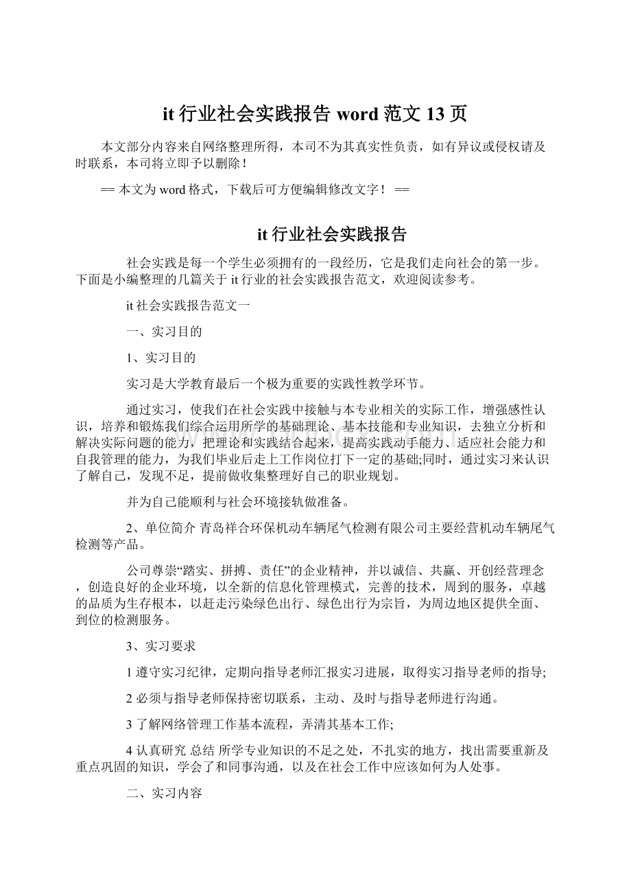 it行业社会实践报告word范文 13页.docx