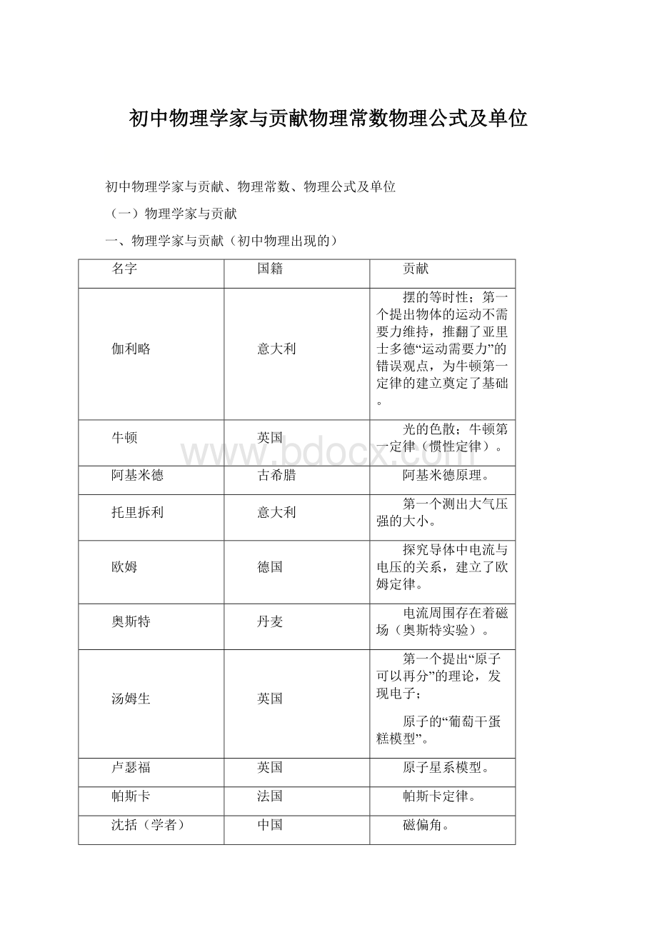 初中物理学家与贡献物理常数物理公式及单位.docx