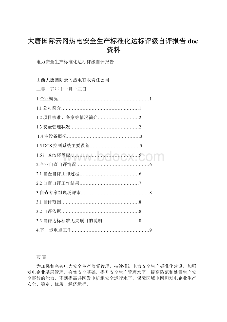 大唐国际云冈热电安全生产标准化达标评级自评报告doc资料Word格式文档下载.docx_第1页