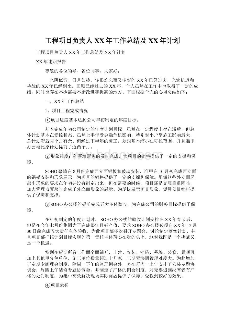 工程项目负责人XX年工作总结及XX年计划.docx