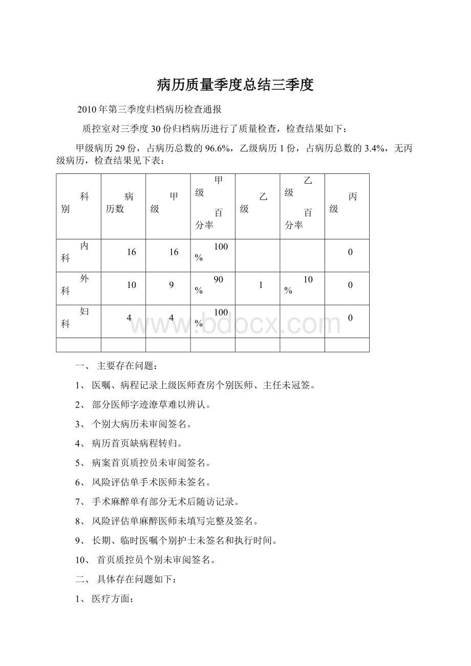 病历质量季度总结三季度Word格式.docx