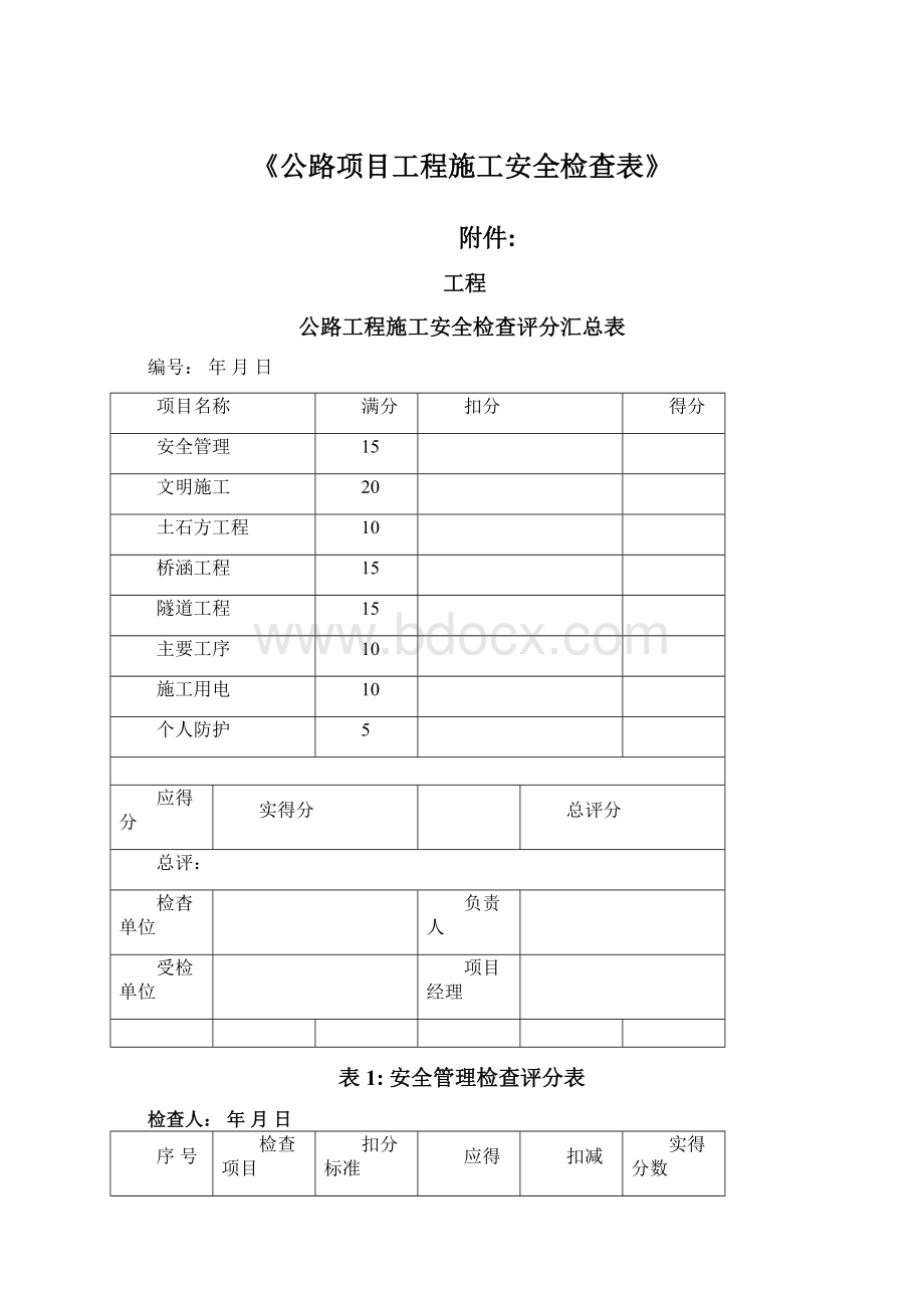 《公路项目工程施工安全检查表》Word格式.docx