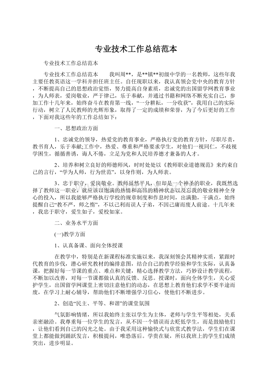 专业技术工作总结范本文档格式.docx