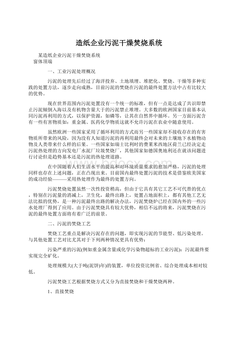 造纸企业污泥干燥焚烧系统Word文档下载推荐.docx