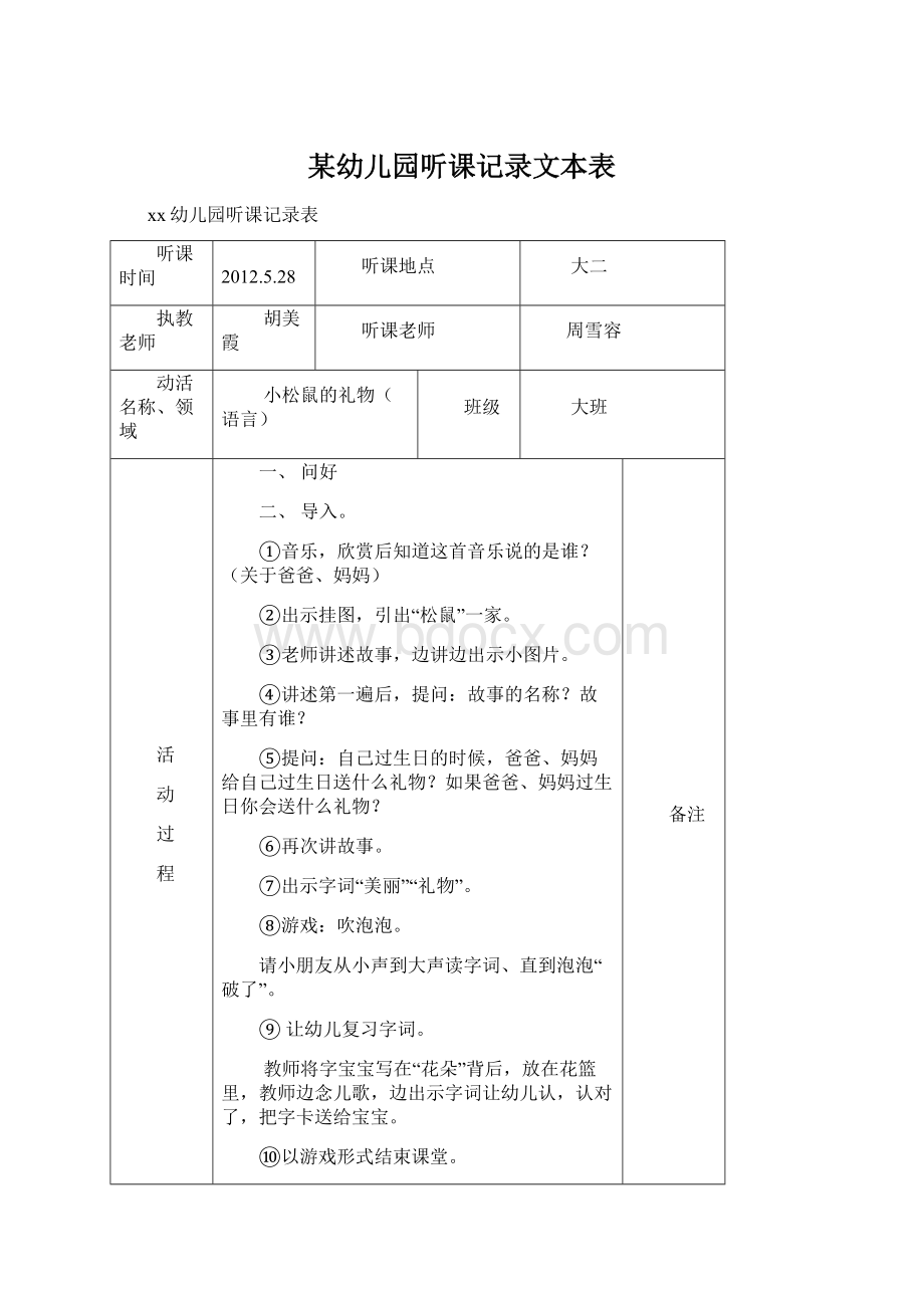 某幼儿园听课记录文本表Word下载.docx