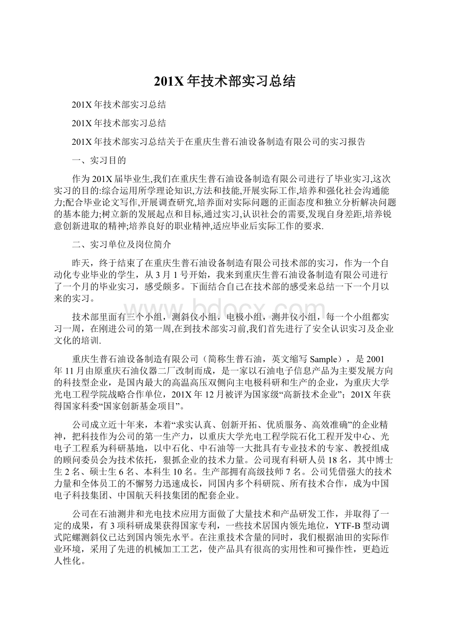 201X年技术部实习总结Word文件下载.docx