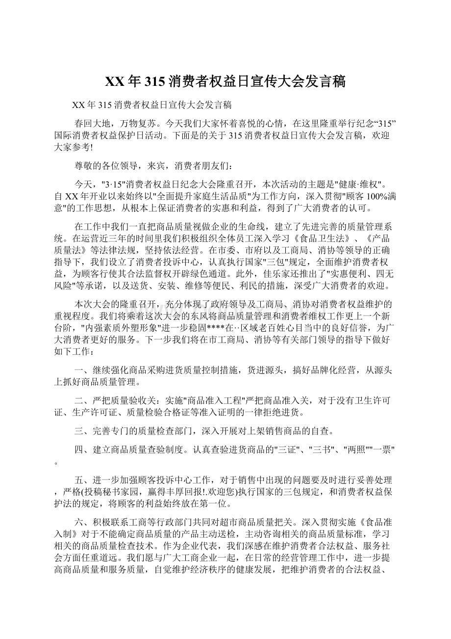 XX年315消费者权益日宣传大会发言稿文档格式.docx