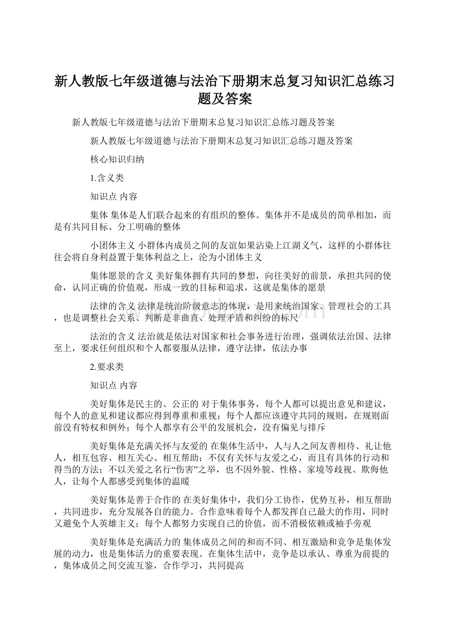 新人教版七年级道德与法治下册期末总复习知识汇总练习题及答案Word下载.docx