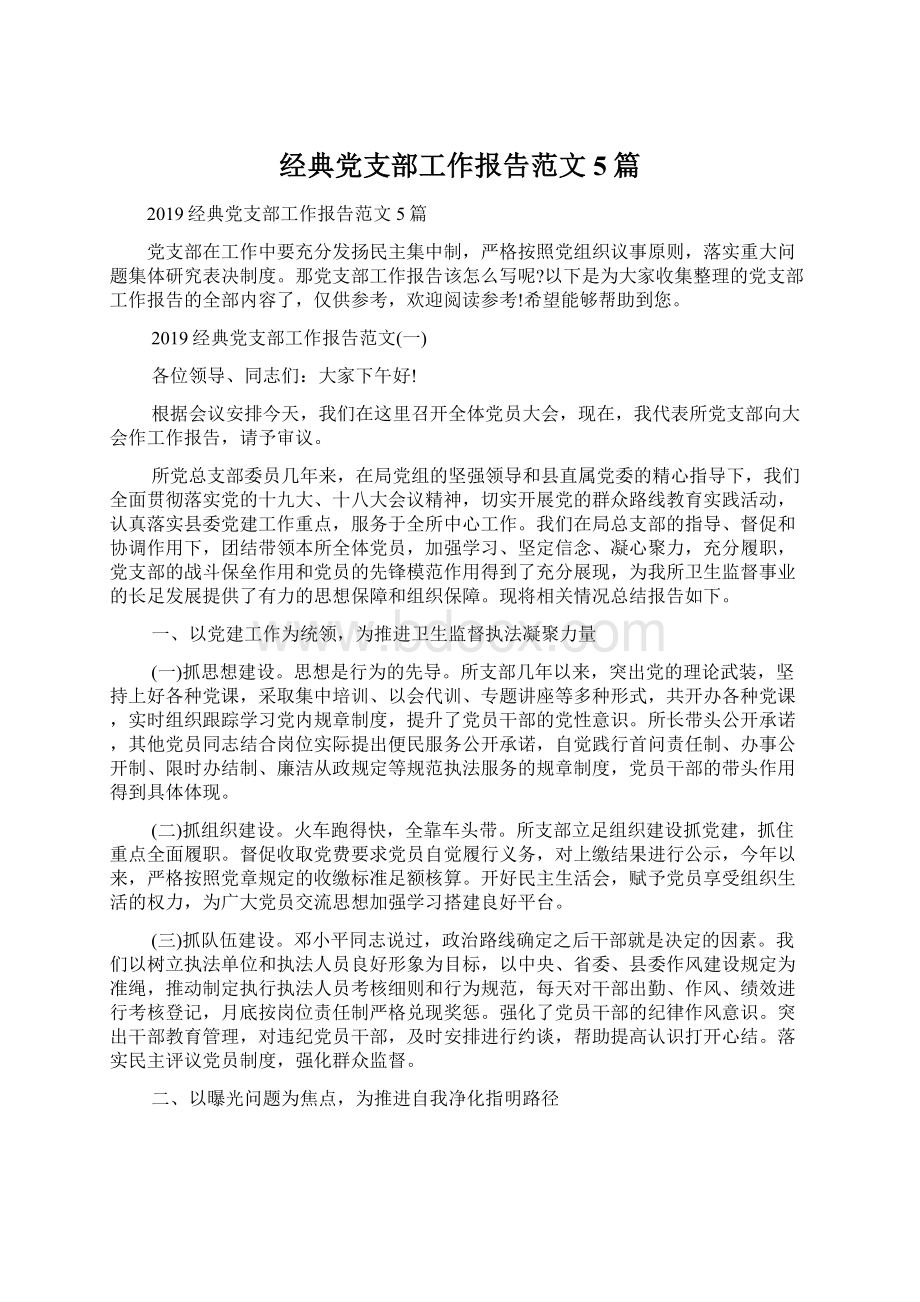 经典党支部工作报告范文5篇Word文件下载.docx_第1页