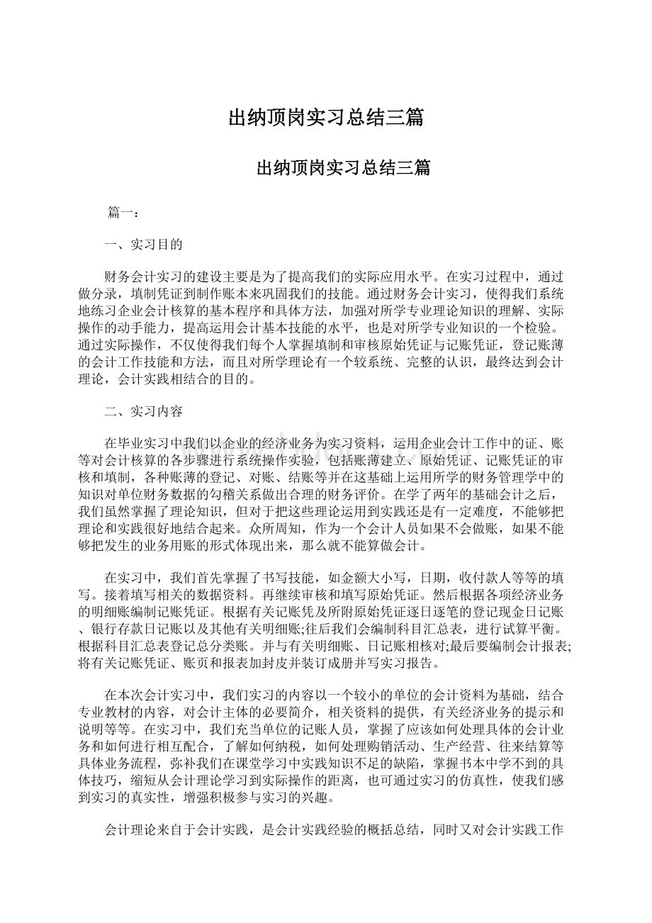 出纳顶岗实习总结三篇Word文件下载.docx