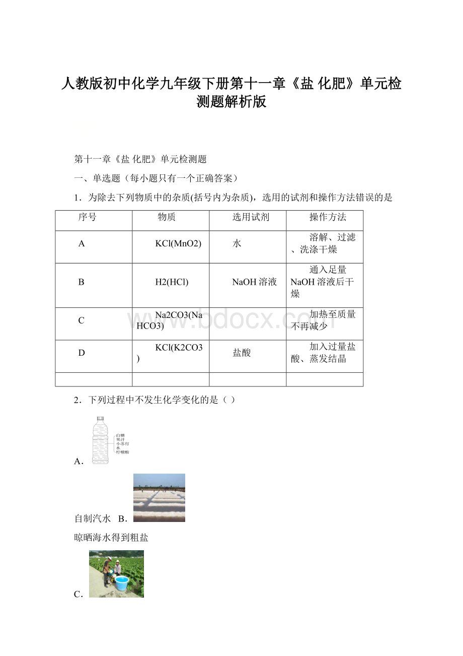 人教版初中化学九年级下册第十一章《盐 化肥》单元检测题解析版.docx_第1页