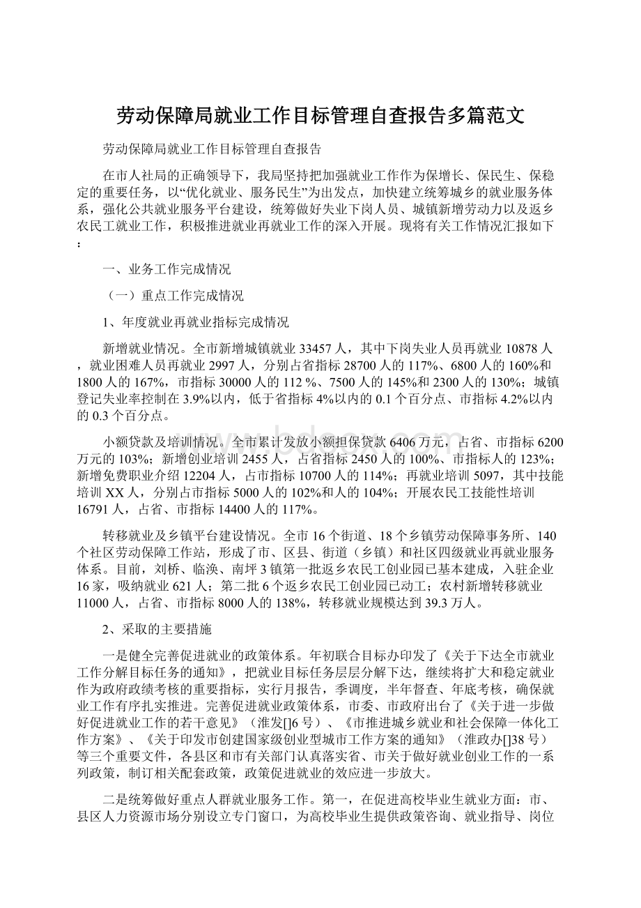 劳动保障局就业工作目标管理自查报告多篇范文Word文档下载推荐.docx