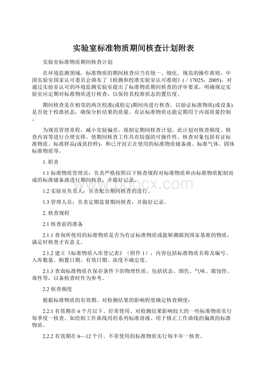 实验室标准物质期间核查计划附表Word格式.docx