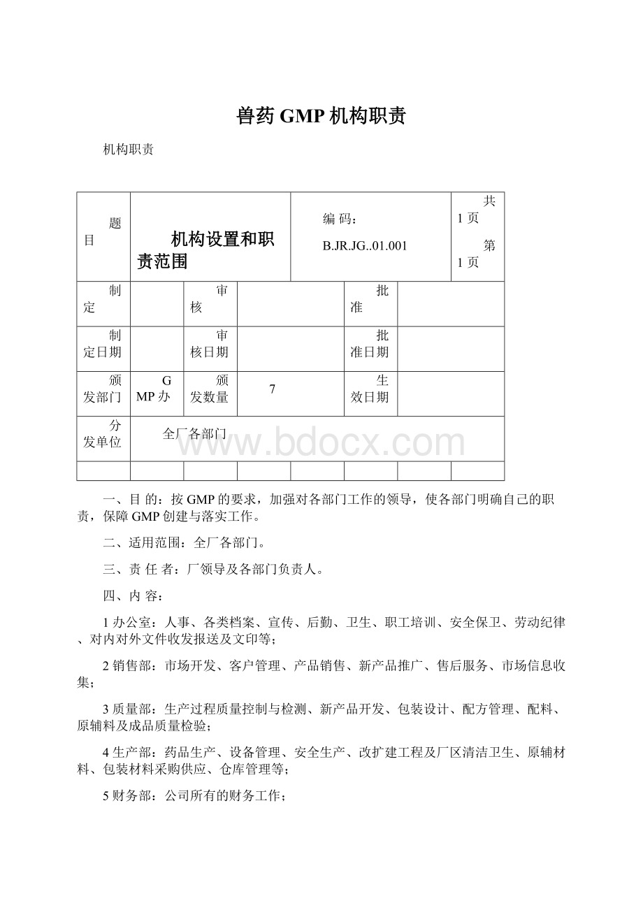 兽药GMP机构职责Word文档下载推荐.docx_第1页