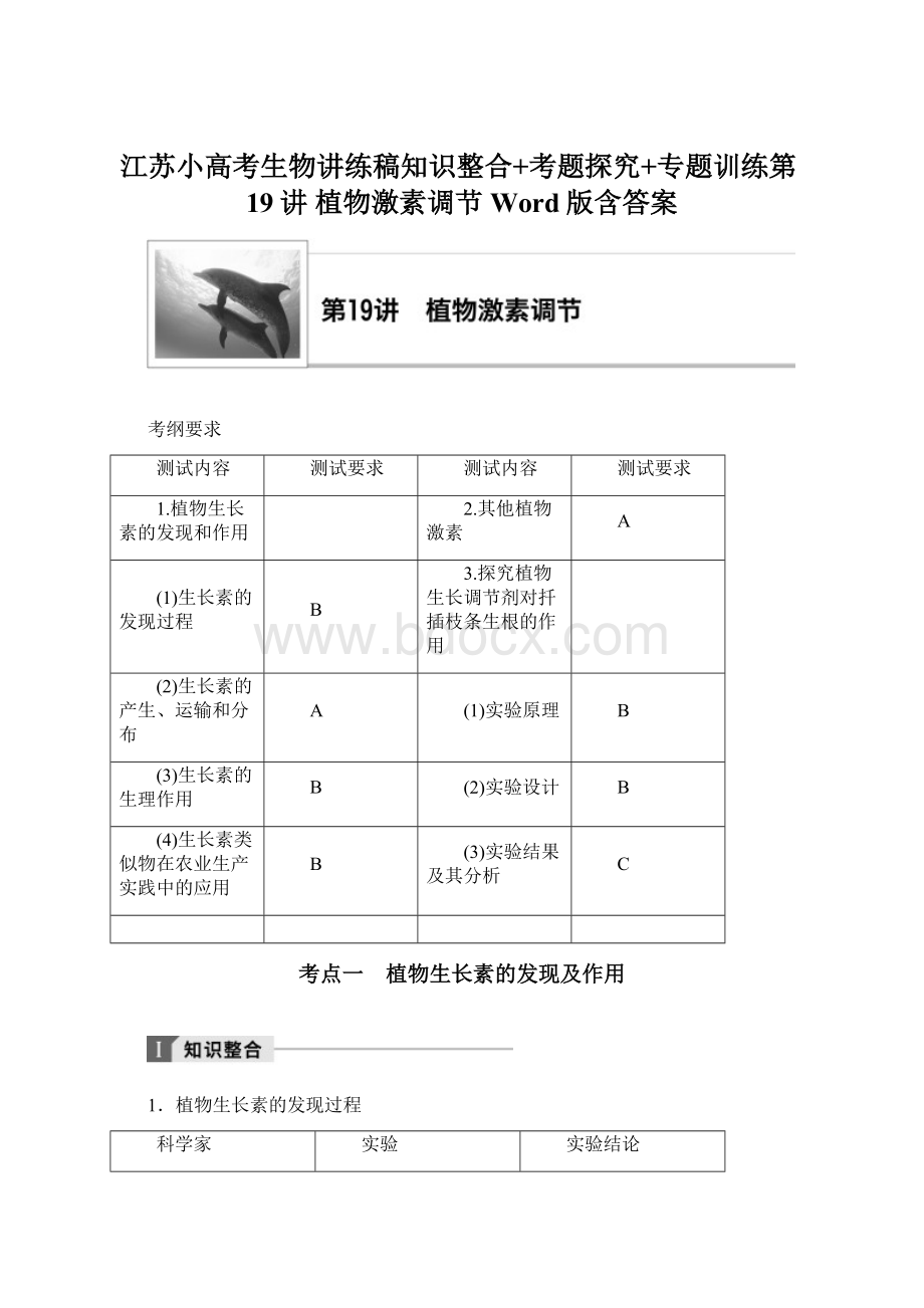 江苏小高考生物讲练稿知识整合+考题探究+专题训练第19讲 植物激素调节 Word版含答案Word格式.docx