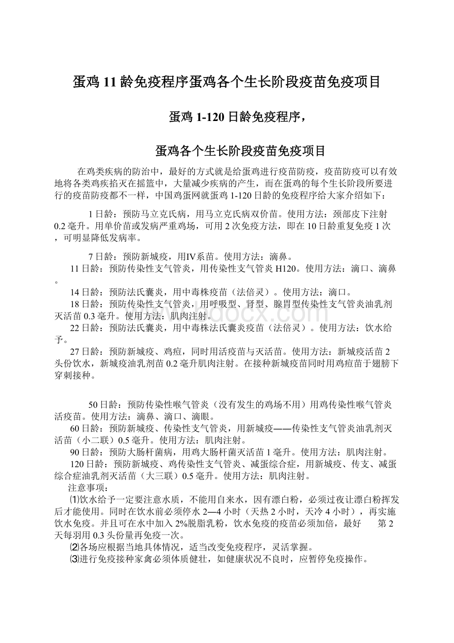 蛋鸡11龄免疫程序蛋鸡各个生长阶段疫苗免疫项目Word文件下载.docx