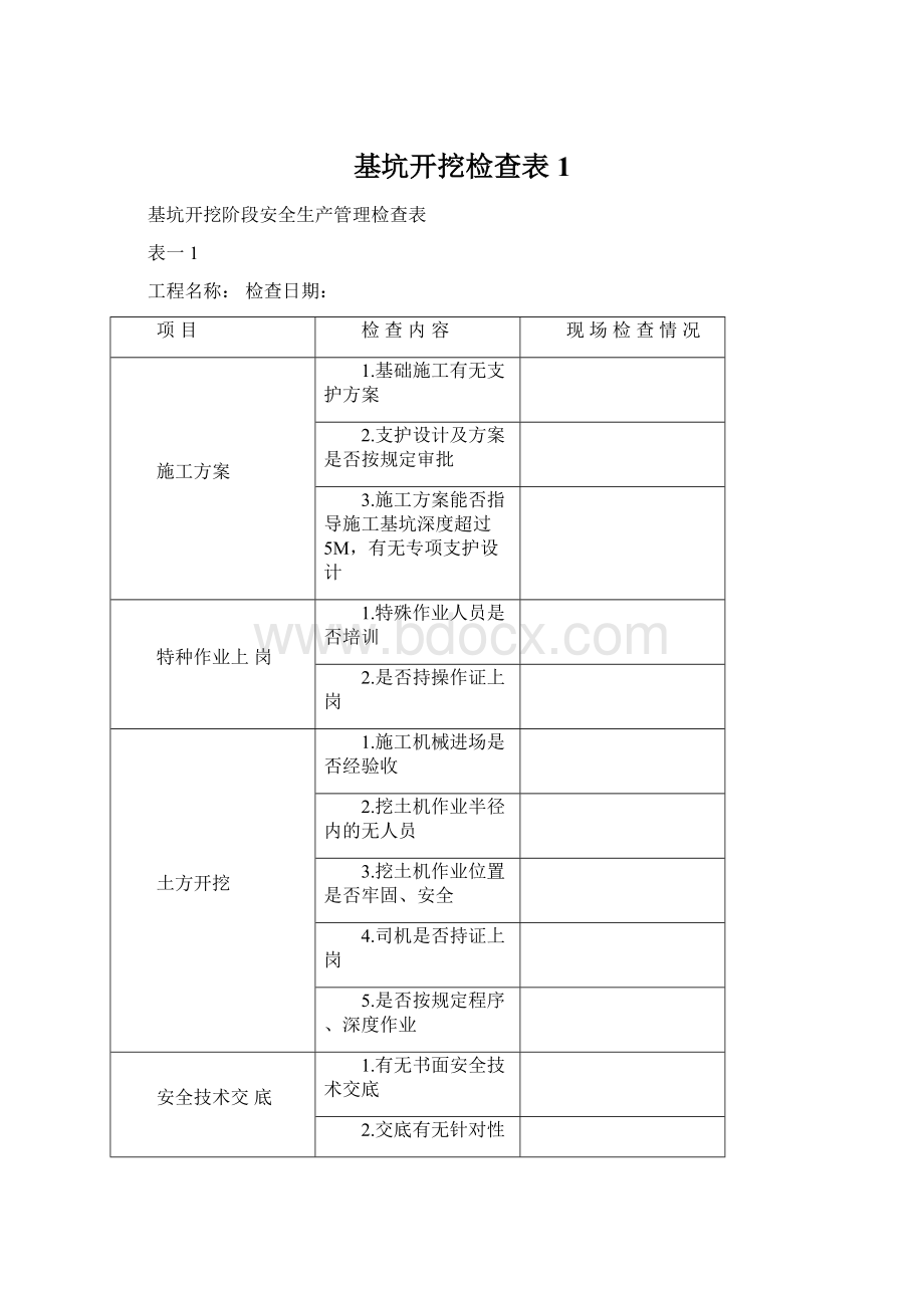 基坑开挖检查表1Word格式文档下载.docx_第1页