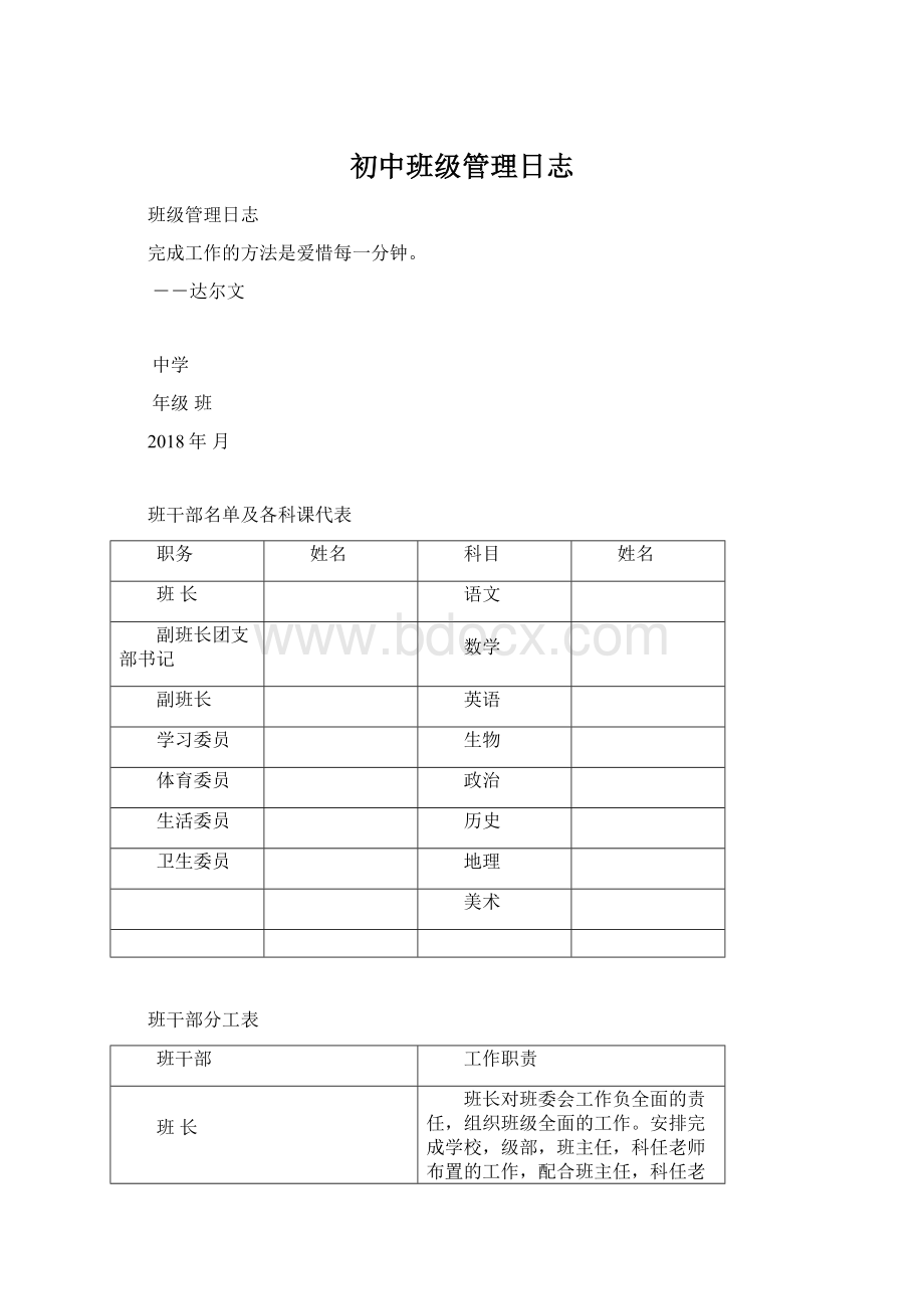 初中班级管理日志Word格式.docx