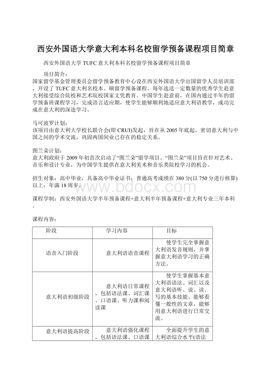 西安外国语大学意大利本科名校留学预备课程项目简章Word格式.docx