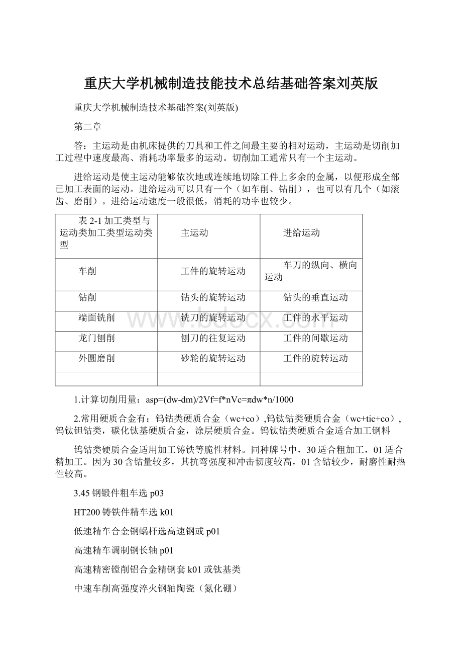 重庆大学机械制造技能技术总结基础答案刘英版Word下载.docx_第1页