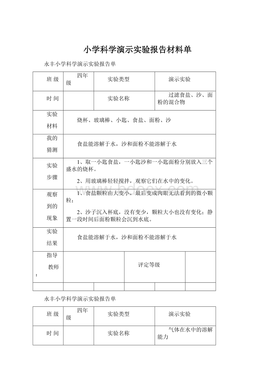 小学科学演示实验报告材料单Word文档格式.docx_第1页