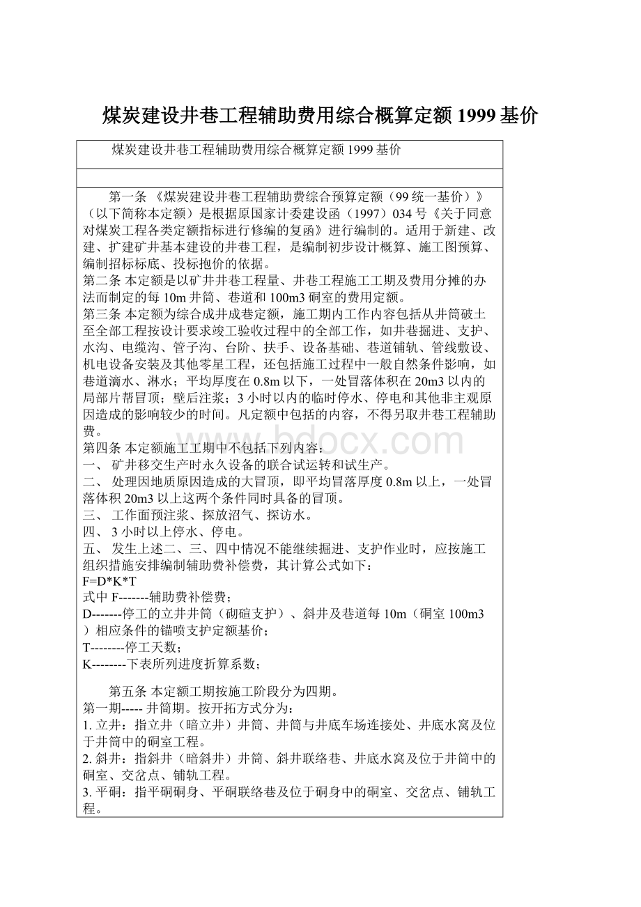 煤炭建设井巷工程辅助费用综合概算定额1999基价.docx