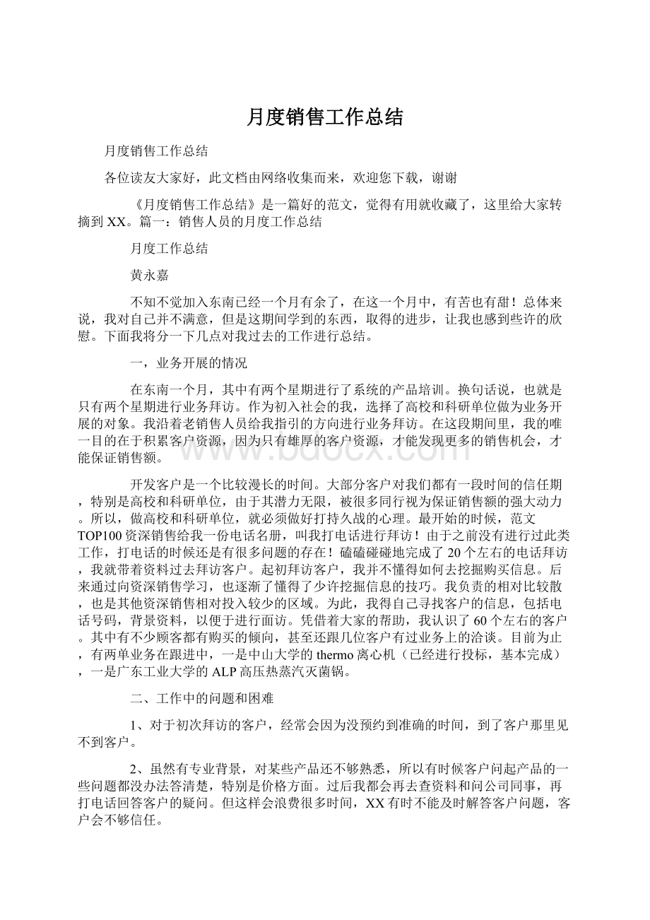 月度销售工作总结文档格式.docx