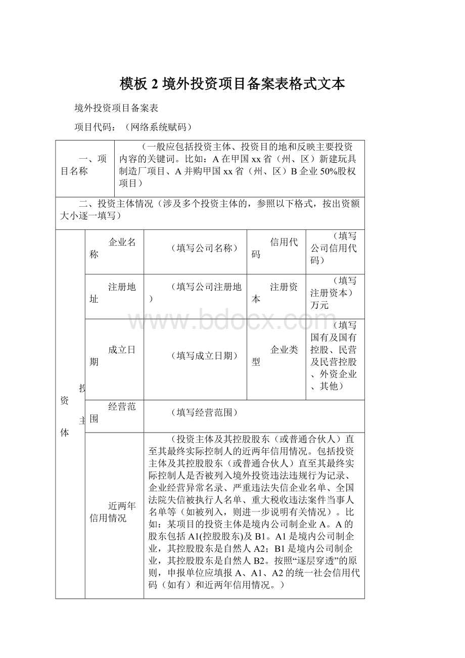 模板2 境外投资项目备案表格式文本.docx_第1页