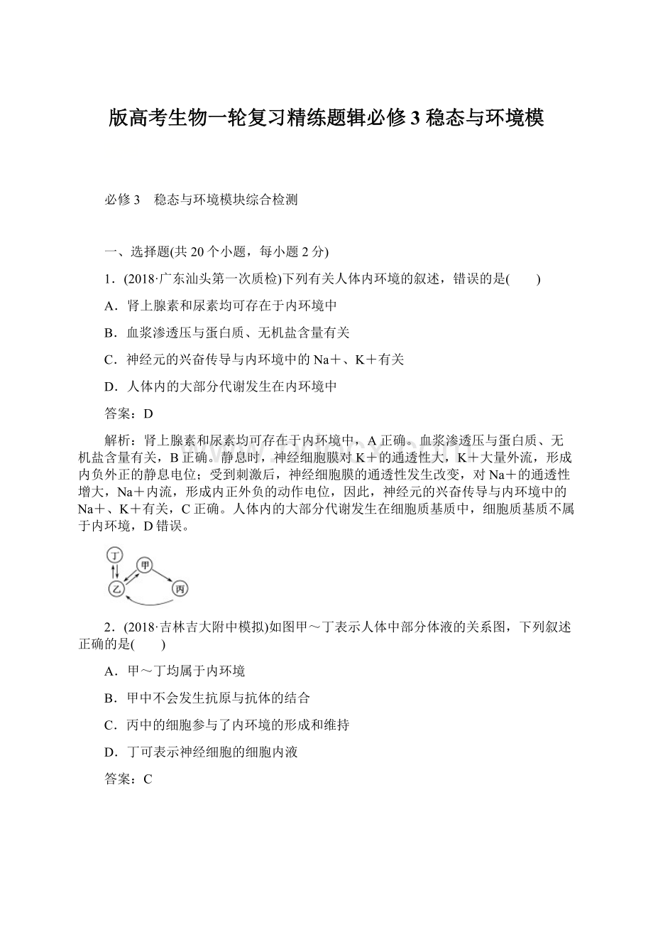 版高考生物一轮复习精练题辑必修3 稳态与环境模.docx_第1页