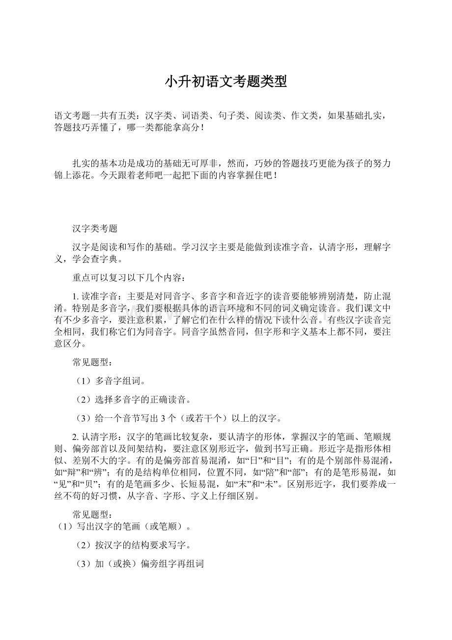 小升初语文考题类型Word格式文档下载.docx