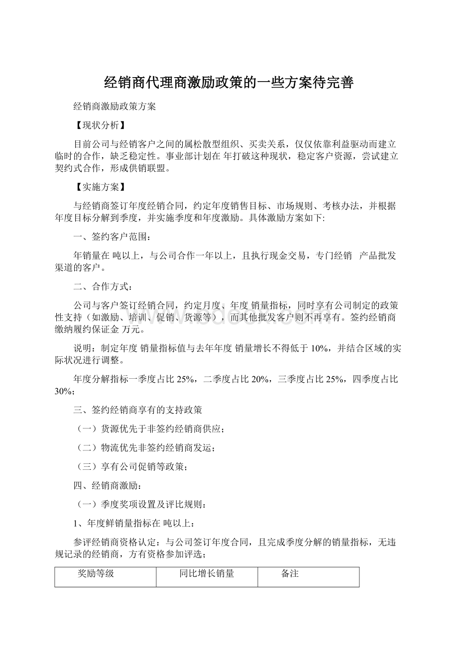 经销商代理商激励政策的一些方案待完善Word下载.docx