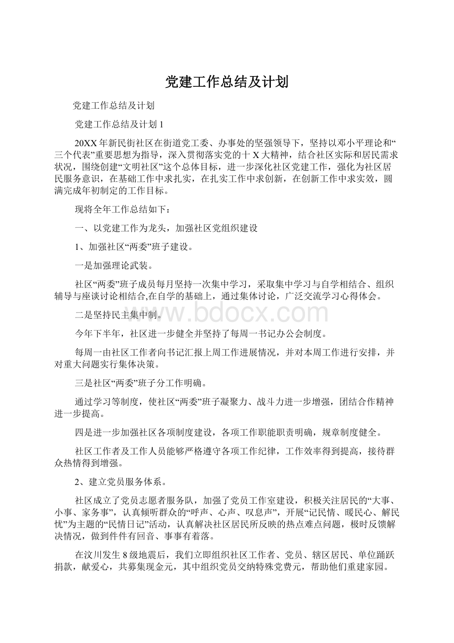 党建工作总结及计划Word文件下载.docx