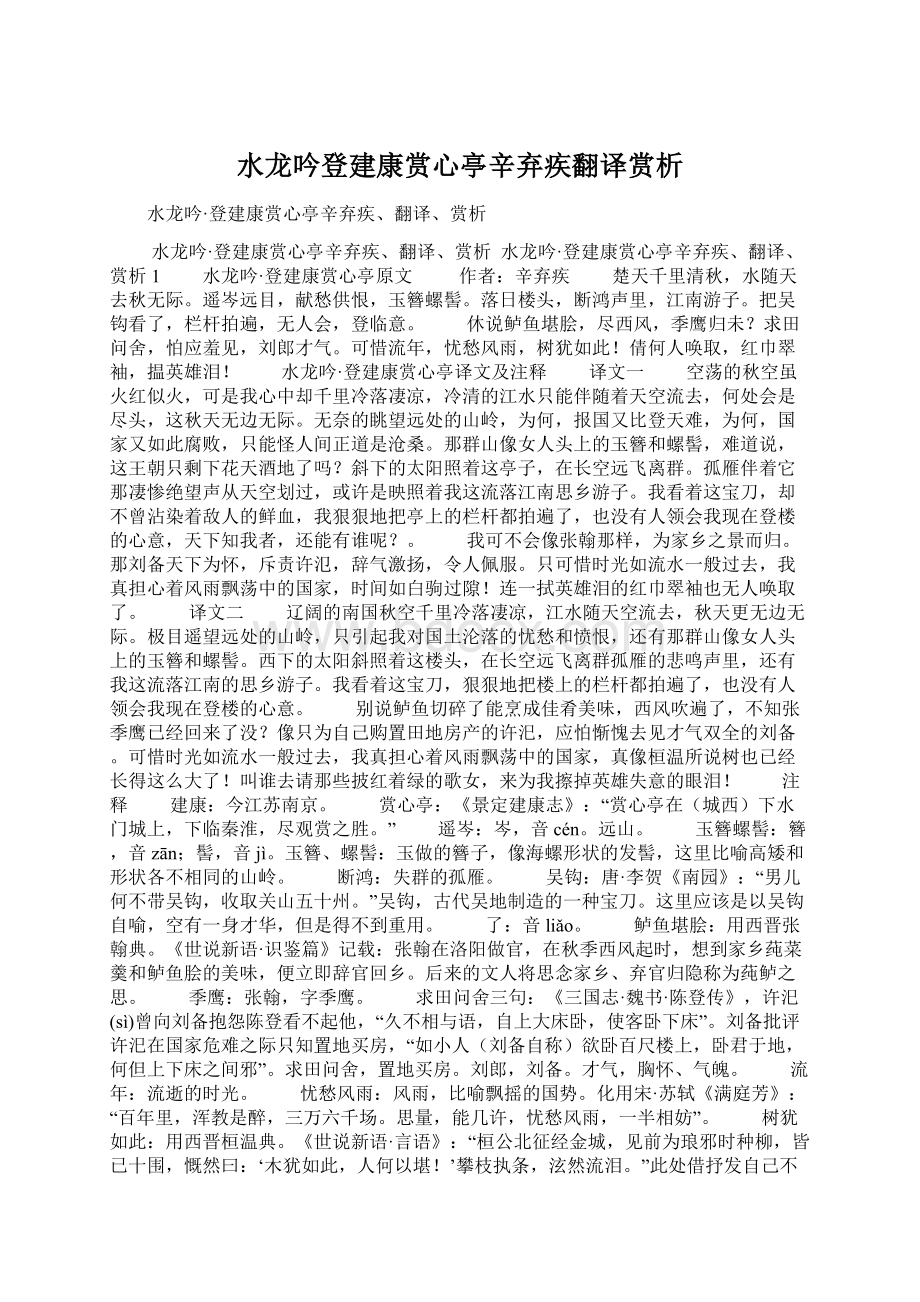 水龙吟登建康赏心亭辛弃疾翻译赏析Word格式文档下载.docx