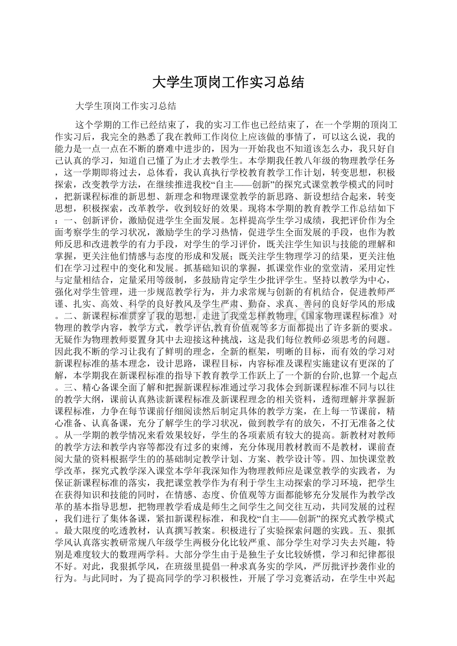 大学生顶岗工作实习总结Word文档格式.docx