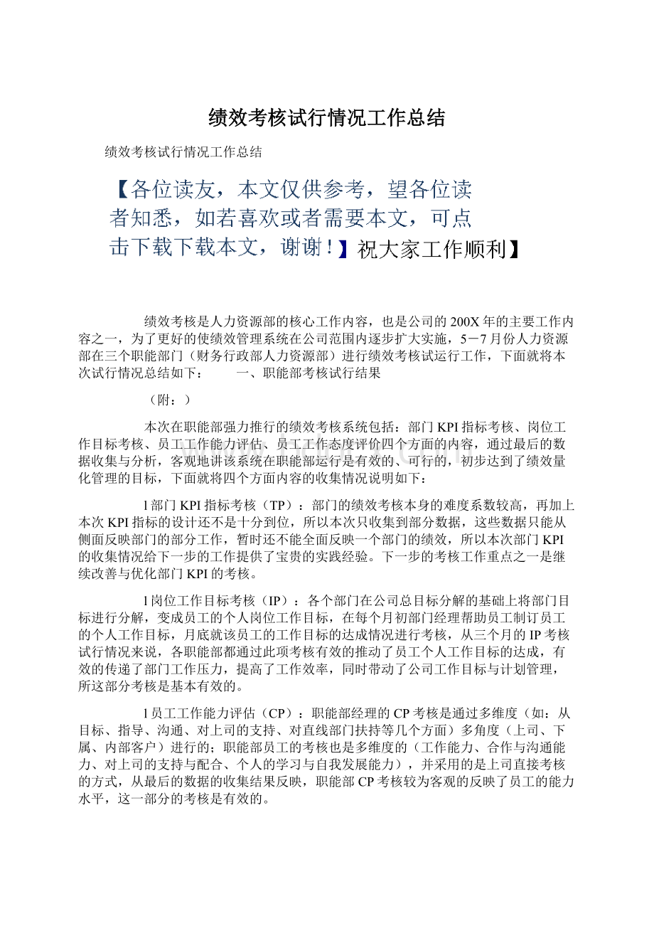 绩效考核试行情况工作总结Word格式文档下载.docx