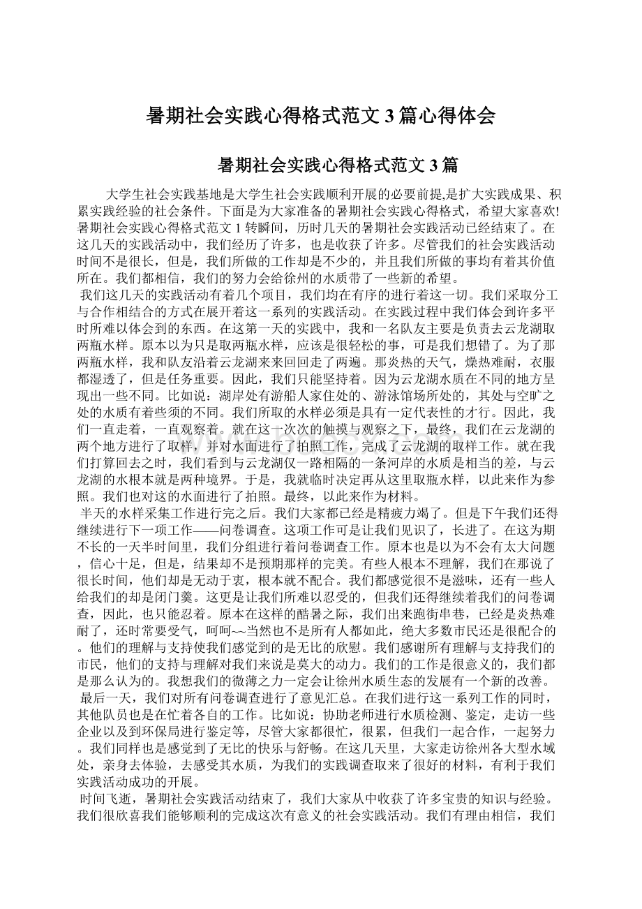 暑期社会实践心得格式范文3篇心得体会Word文件下载.docx