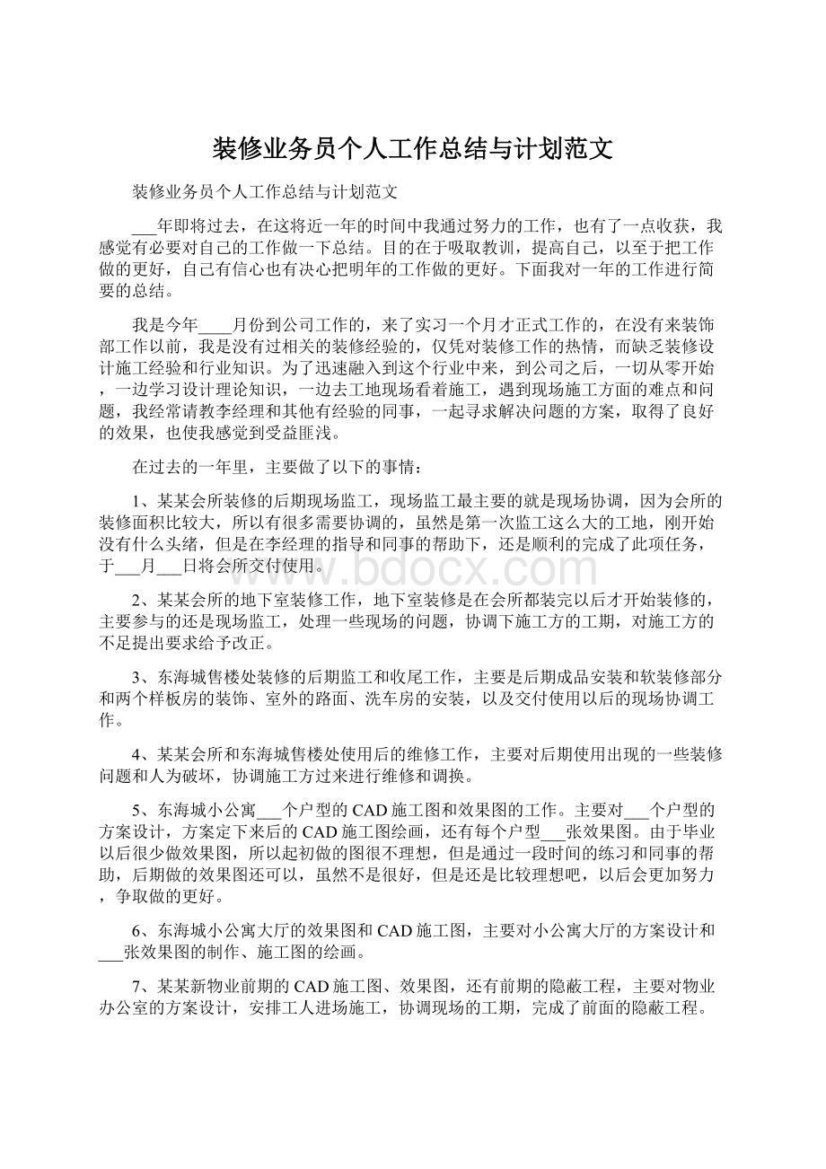 装修业务员个人工作总结与计划范文文档格式.docx