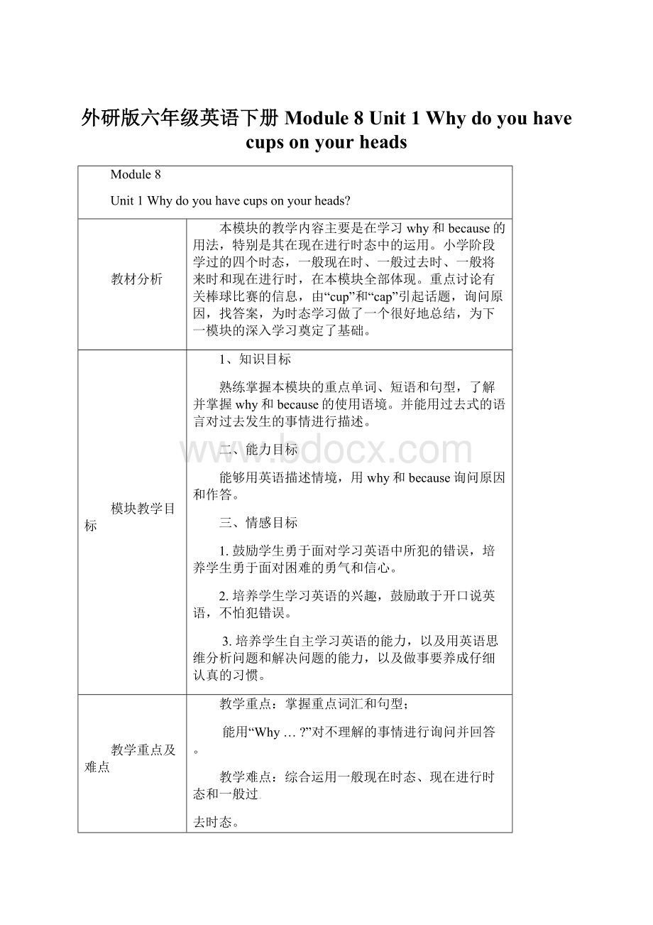 外研版六年级英语下册 Module 8 Unit 1 Why do you have cups on your headsWord文档下载推荐.docx_第1页