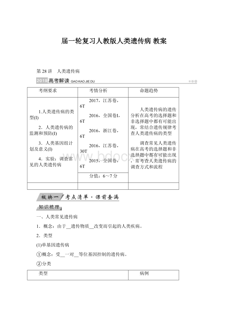 届一轮复习人教版人类遗传病 教案Word文件下载.docx