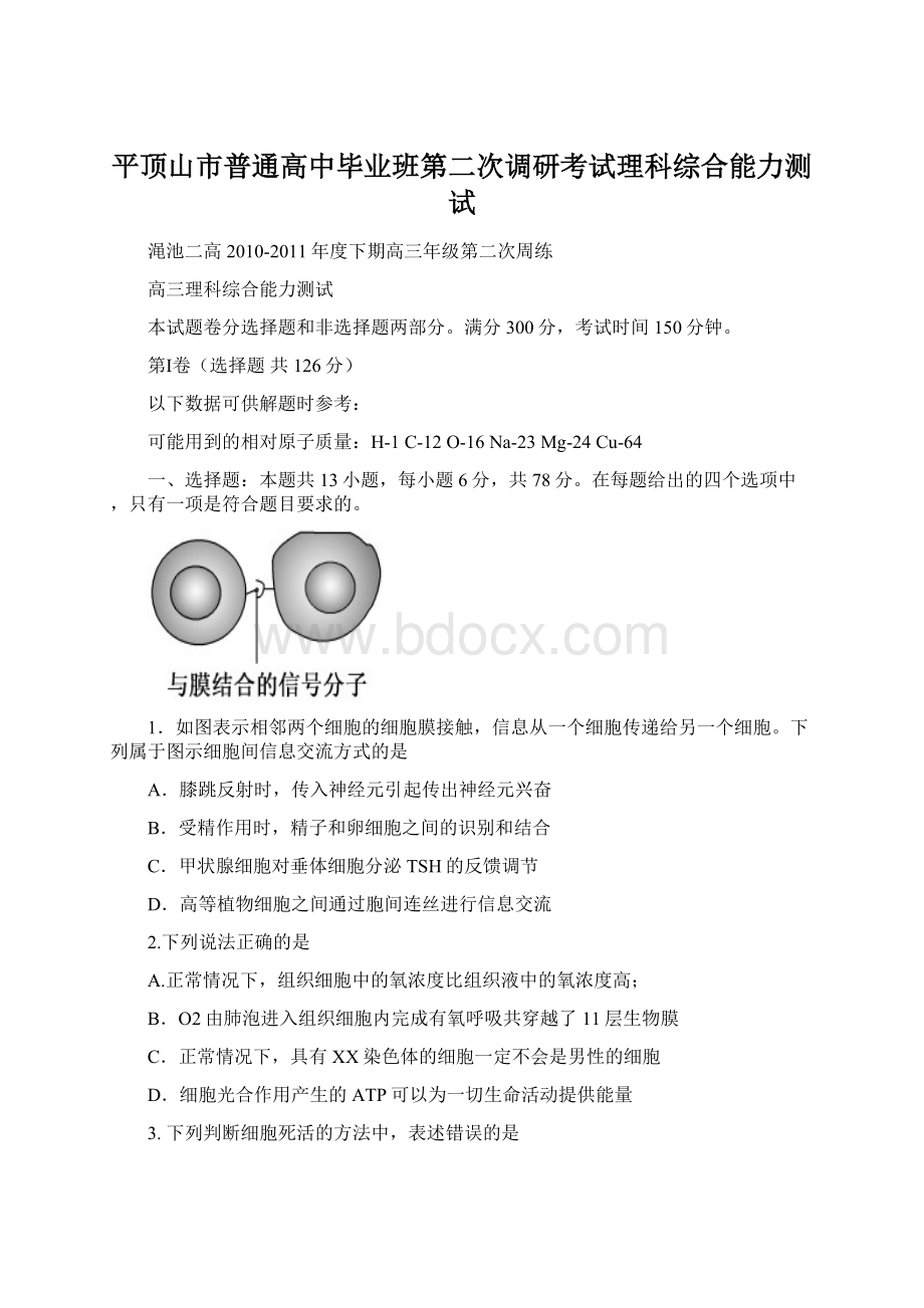 平顶山市普通高中毕业班第二次调研考试理科综合能力测试.docx