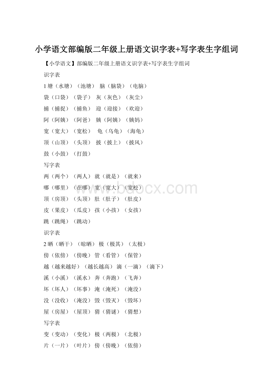 小学语文部编版二年级上册语文识字表+写字表生字组词.docx_第1页