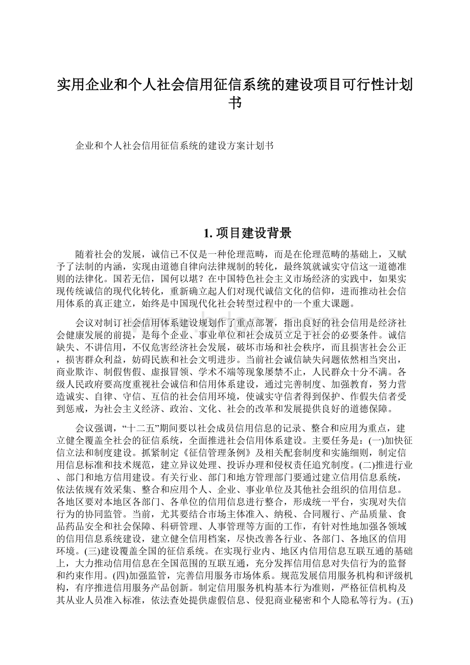 实用企业和个人社会信用征信系统的建设项目可行性计划书.docx_第1页