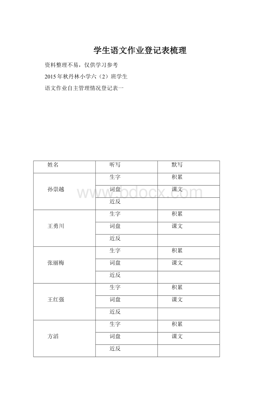 学生语文作业登记表梳理Word文件下载.docx